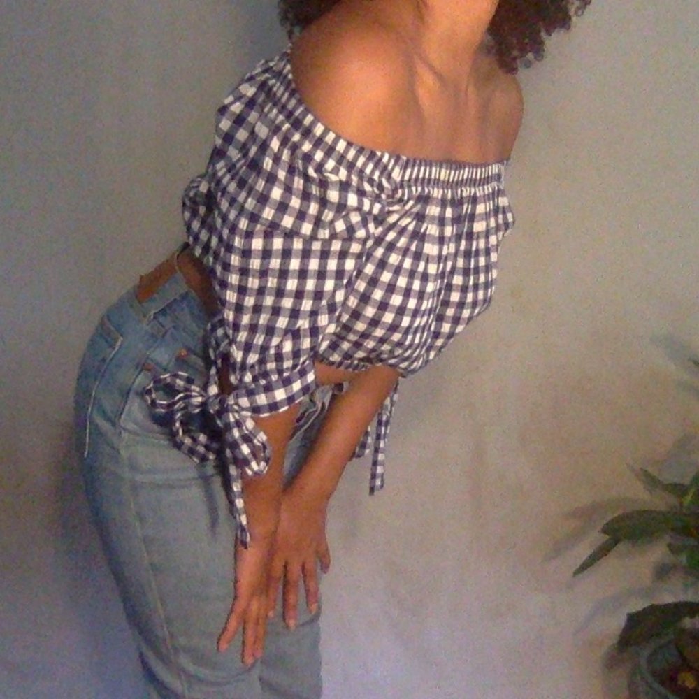 Blue and white gingham cotton offshoulder crop top